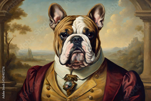 Funny Surreal Dog, Oil Painting. Funny and surreal pet animal dog in a classic art oil painting. The bulldog is an upper class aristocrat from the renaissance period photo