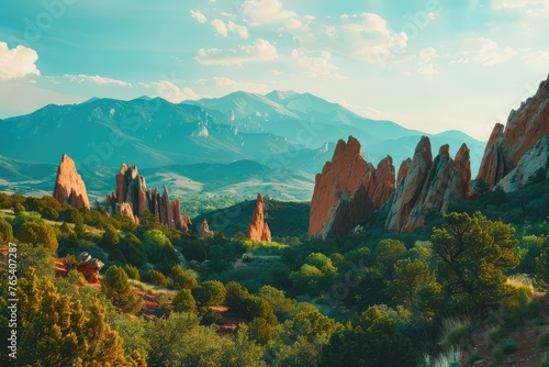 Beautiful view of Garden of the Gods in Colorado Springs. The Red Rock stone formations rise hundreds of feet above the desert floor. In the distance you can see Pikes Peak and the Rocky Mountains.  photo