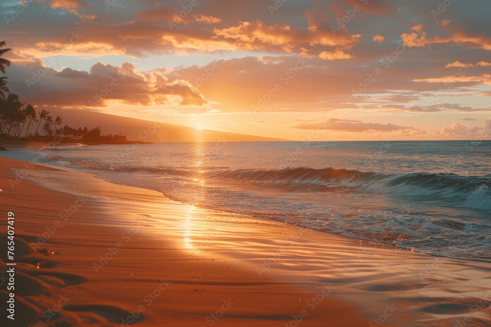 Beautiful, warm tropical sunset on the white sands . A fabulous destination for vacation and travel. 