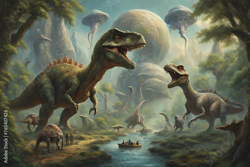 An oil painting of dinosaurs meeting aliens and having spaceships in the vast forest. river flows © superbphoto95