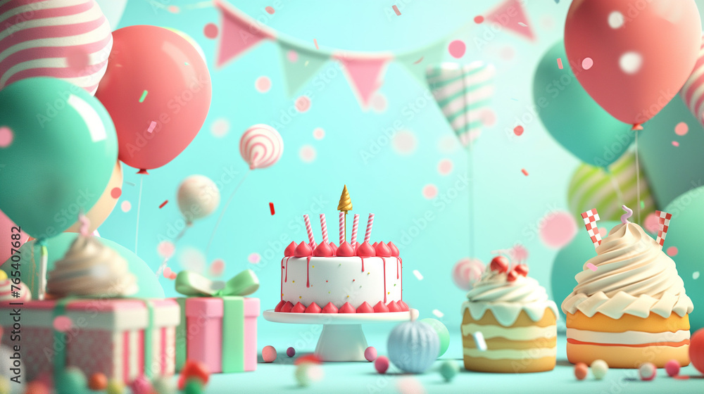 Birthday banner with birthday cakes, balloons, gift boxes and confetti. Festive atmosphere, birthday celebration, party decorations. Birthday banner with birthday cakes, balloons, gift boxes and confetti. Festive atmosphere, birthday celebration, party decorations.