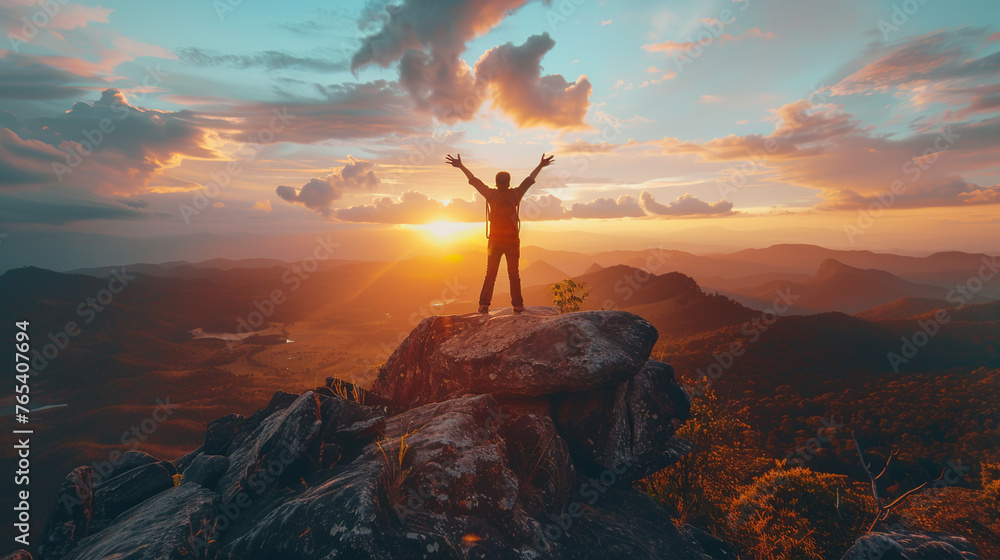 Winning and sport concept, Male Hiker celebrating success on top of a mountain