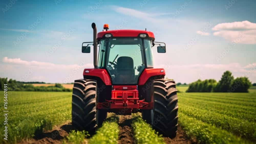 Red tractor working in green field under blue sky Red tractor working in green field under blue sky