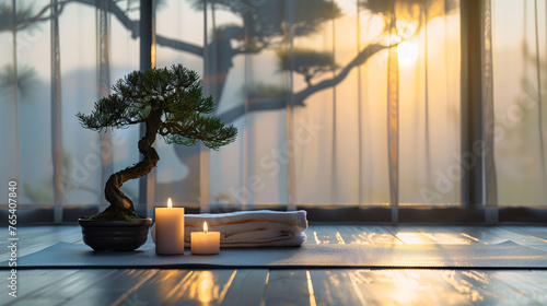 Zen bonsai tree in serene home spa setting with warm sunlight