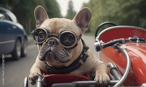 Close-up of a funny french bulldog with goggles in a pedal car detailed © rodrigo