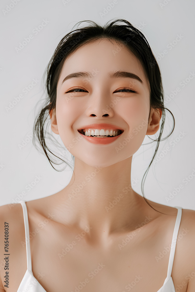 Studio close-up photo of clean skinned Korean female cosmetics model with long black hair Studio close-up photo of clean skinned Korean female cosmetics model with long black hair