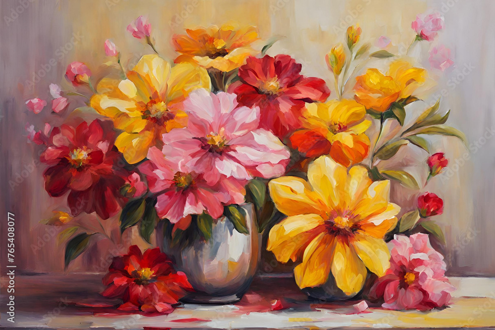 Oil Painting Still life of yellow, red and pink color flower. Still life of yellow, red and pink color flower. Oil Painting