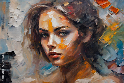 oil painting. Conceptual abstract picture of a beautiful girl. On the background is written text from a book. Conceptual abstract closeup of an oil painting and palette knife on canvas