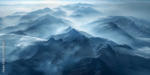 Majestic mountain ranges shrouded in hazy,ethereal clouds from a bird's eye view,showcasing the raw,primordial beauty of nature's grand scale and