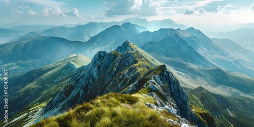 Majestic Mountain Peaks Soaring Above the Misty Valleys and Rugged Terrain in an Awe-Inspiring Panoramic Landscape photo