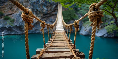 Precarious Rope Bridge Spanning Dramatic Wilderness Landscape with Serene Flowing Water photo