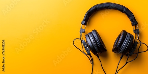 Discarded Headset After a Long Virtual Conference Call,Copy Space on Yellow Background