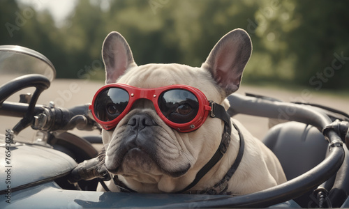 Close-up of a funny french bulldog with goggles in a pedal car detailed photo