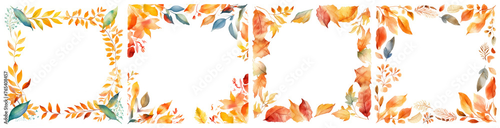 set autumn leaf border PNG. Watercolor floral frame. autumn leaf illustration. autumn leaf for rustic wedding invitation, thanksgiving decoration, greeting cards. Isolated on transparent background