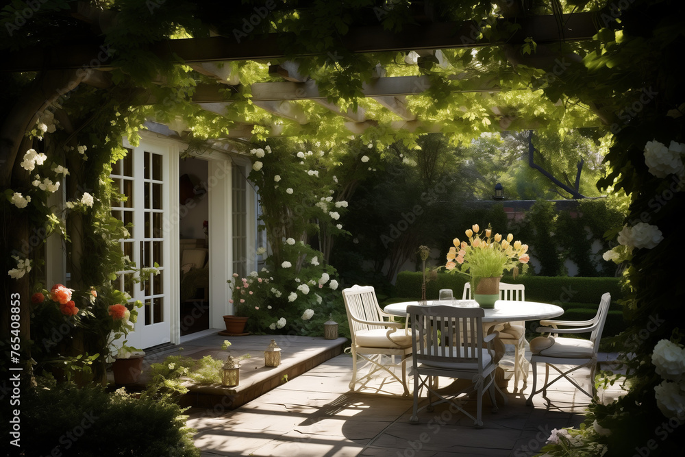 patio with flowers and chairs