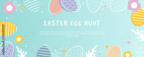 Easter Egg Hunt banner. Greeting card, poster or banner with Easter egg flower. Egg hunt poster. Spring background