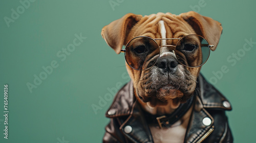 A funny bulldog puppy wearing sunglasses and a leather jacket on a green background.
