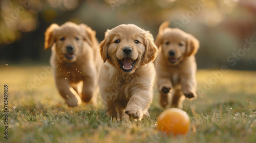 A group of three golden retriever puppies playing with a ball on a grassy field.