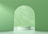 Abstract 3D green and white cylinder podium background with leaf shadow in arch gate. Product display mockup presentation. Pastel minimal wall scene. Stage showcase. Platforms vector geometric design.