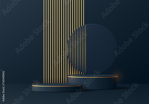 Realistic 3D dark blue cylinder podium pedestal background with luxury golden lines scene. Minimal scene mockup products stage showcase, Cosmetic banner promotion display. Abstract empty platforms.