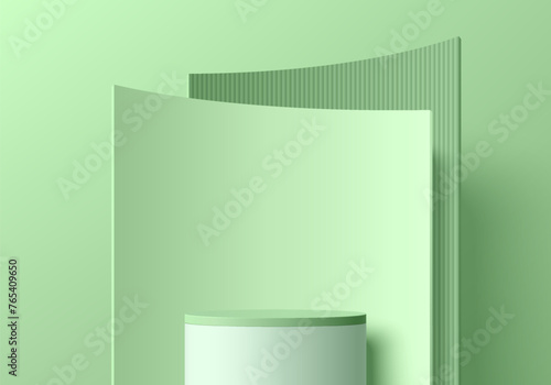 Realistic 3D green and white podium pedestal background with layers curve backdrop wall scene. Minimal scene mockup product stage showcase, Banner cosmetic promotion display. Abstract vector platforms