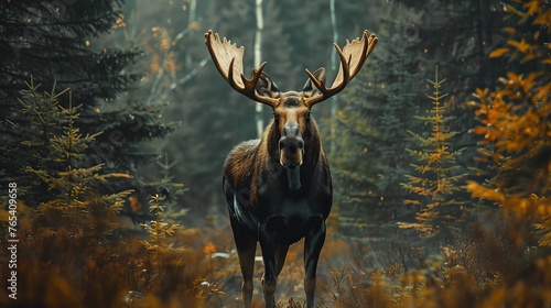 Majestic moose observes surroundings in dense Canadian woods