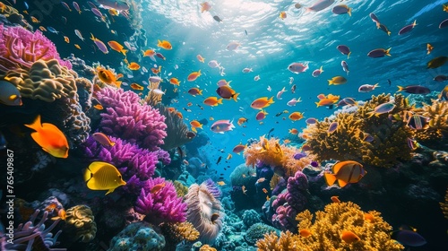 The environment: A coral reef teeming with colorful marine life