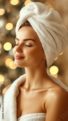free space for title and Caucasian woman customer enjoying relaxing anti-stress spa massage and pampering with beauty skin recreation leisure in day light ambient salon spa at luxury resort or hotel. 
