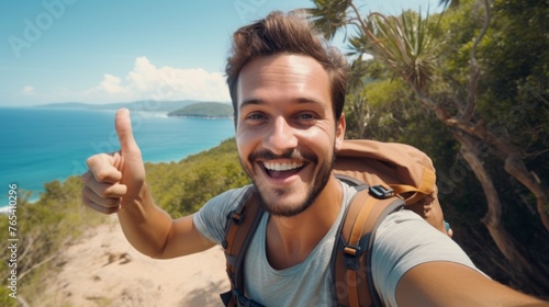 A happy smiling young man with a backpack shows a thumbs-up gesture, takes a selfie on the Sea beach. Hiking, Traveling, Summer Vacation concepts.
