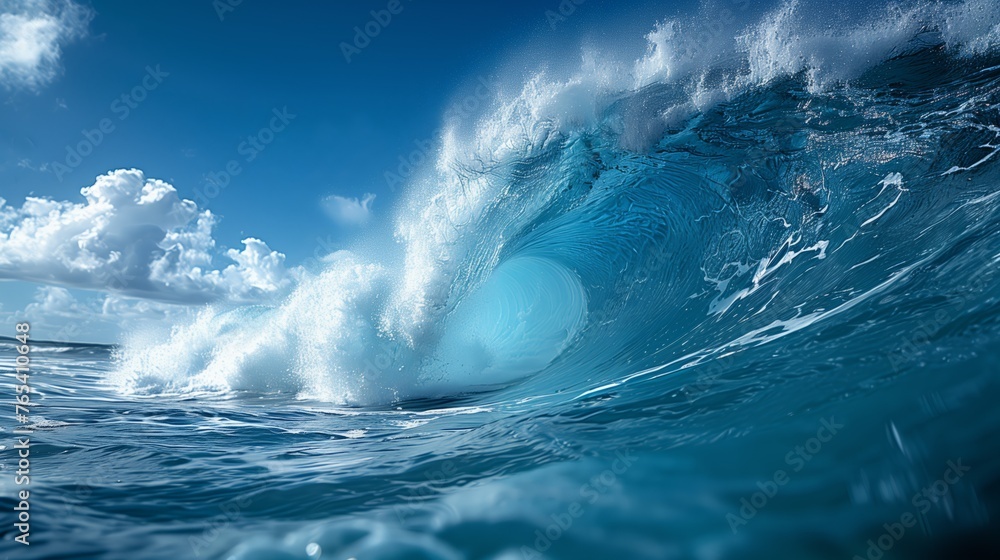 A massive wave crashes in the electric blue ocean under a sunny sky A massive wave crashes in the electric blue ocean under a sunny sky