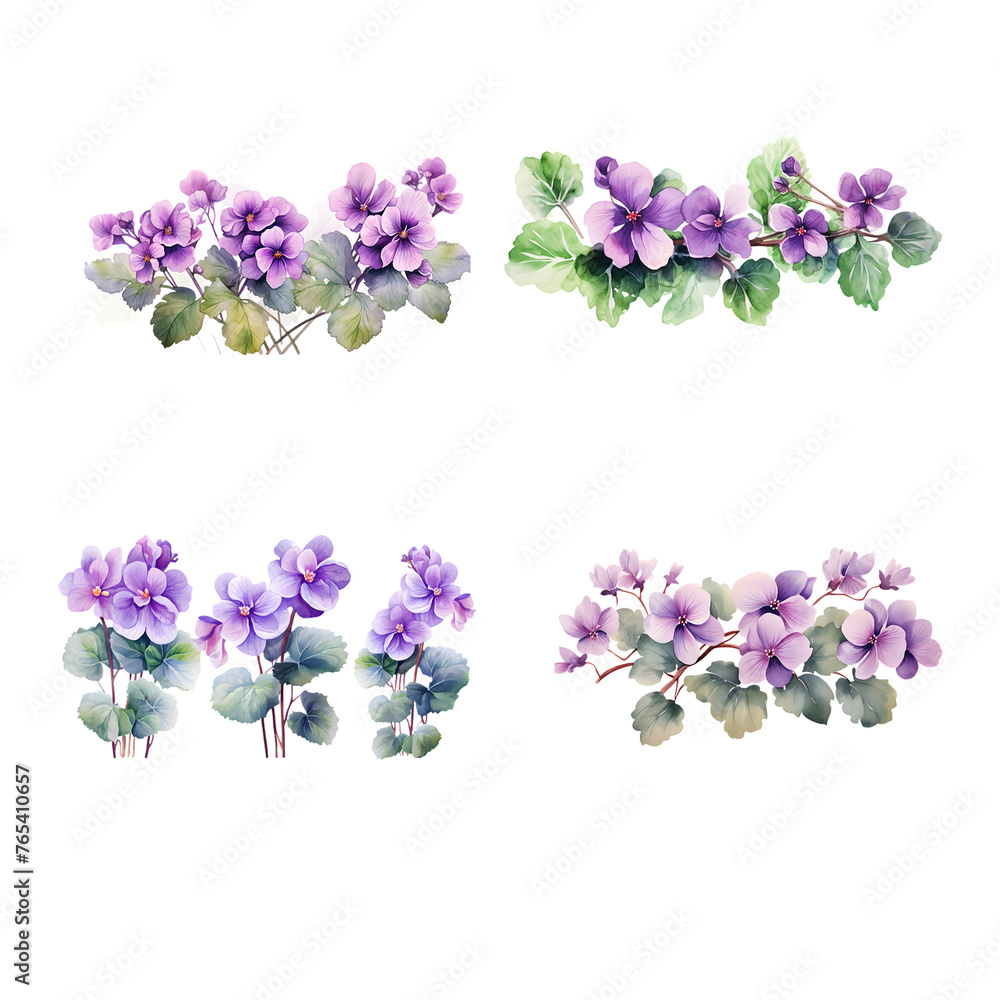 African Violet branches with green leaves watercolor illustration. Flat vector illustration isolated on white background African Violet branches with green leaves watercolor illustration. Flat vector illustration isolated on white background
