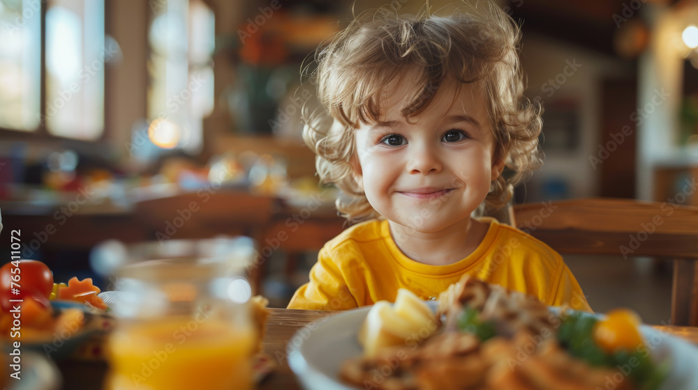 A cute, curly-haired child smiling at the camera, with a plate of waffles topped with fruits and syrup, ready to enjoy a delicious breakfast.