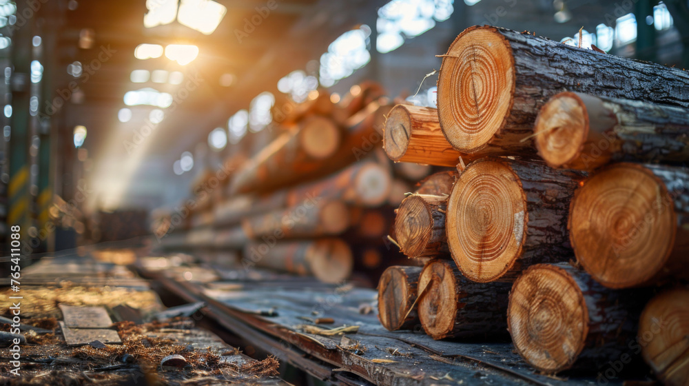 Rays of sunset light piercing through a stack of freshly cut logs at a timber storage facility.
