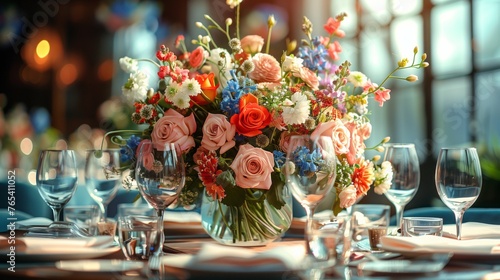 A bouquet of flowers is displayed in a vase on the table