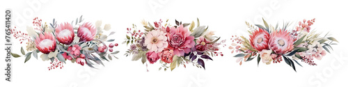 Wedding floral composition, watercolor Australian native flowers arrangement isolated on white