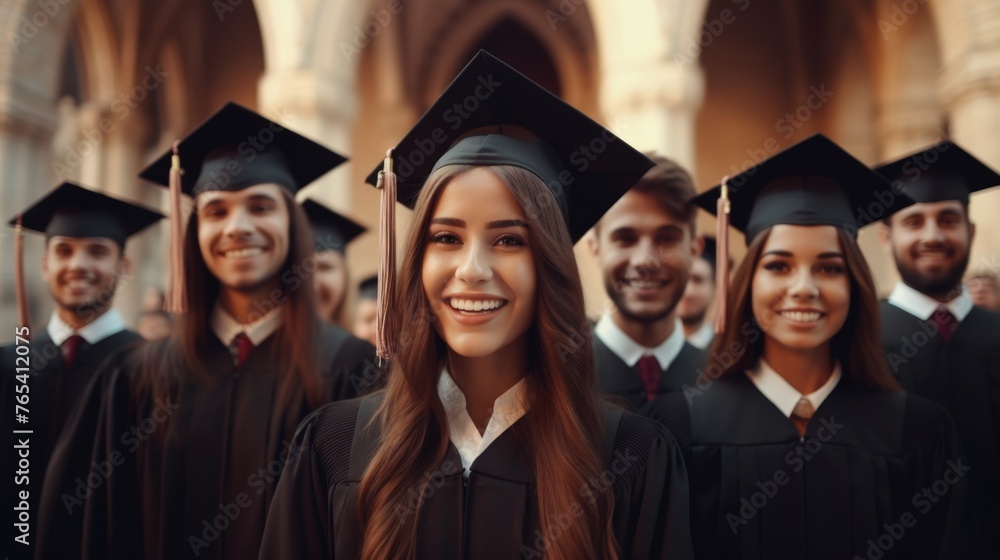 Happy graduating international students wearing bachelor gowns and mortar boards, education concept, candid moment of graduation day ceremony Happy graduating international students wearing bachelor gowns and mortar boards, education concept, candid moment of graduation day ceremony