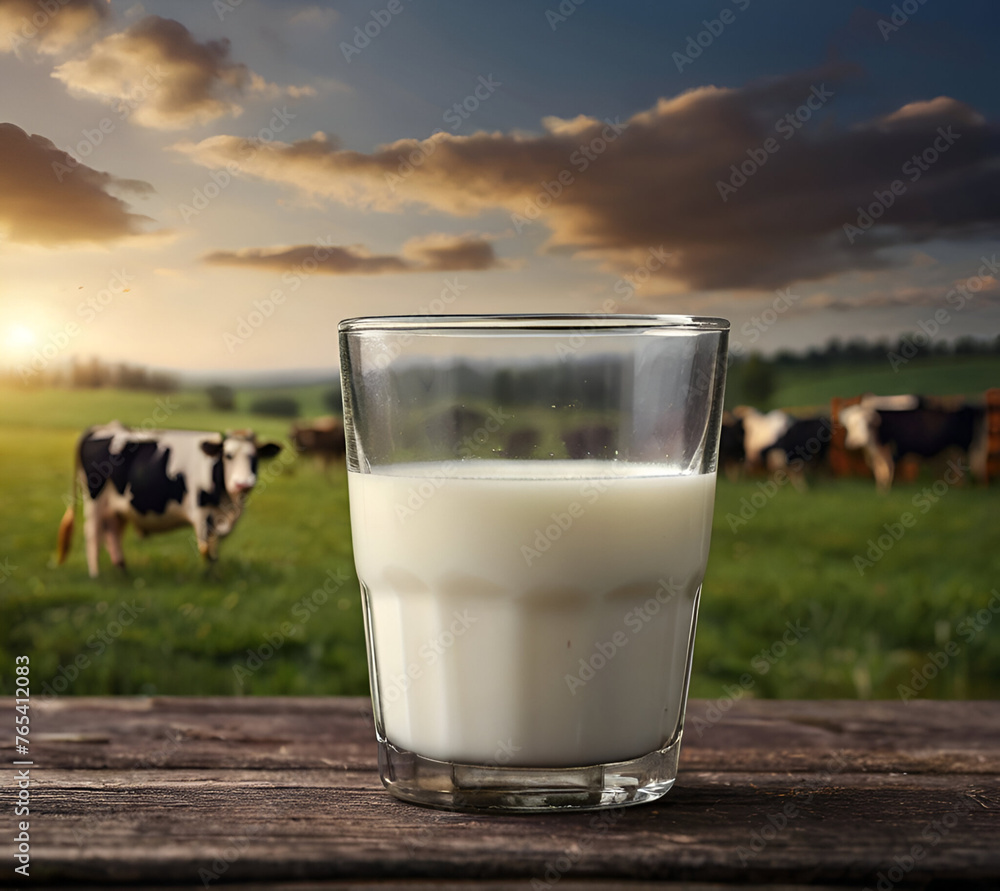 Fresh milk in glass on dark wooden table and blurred landscape with cow on meadow. Healthy eating. Rustic style. Fresh milk in glass on dark wooden table and blurred landscape with cow on meadow. Healthy eating. Rustic style.