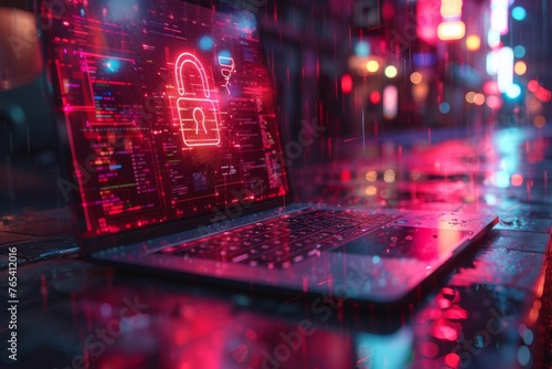 Cybersecurity concept with laptop and lock icon. A visually captivating illustration showcasing a laptop with a glowing lock symbol signifying cybersecurity, set against a futuristic digital backdrop