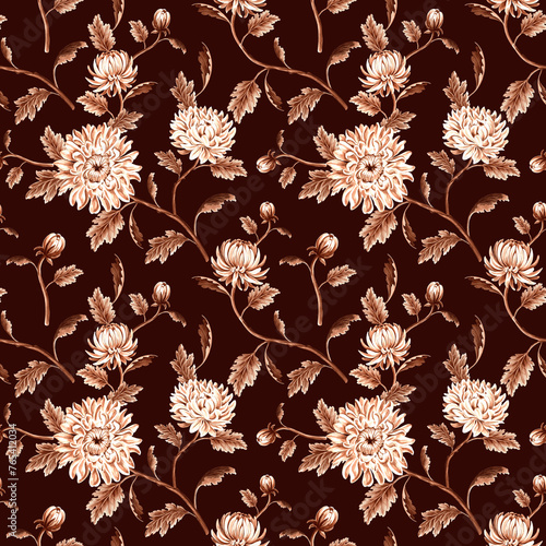 Seamless pattern monochrome from chrysanthemum with leaves on brown background. Hand drawn watercolor illustration brown color. Garden flowers. Template for wallpaper, scrapbooking, wrapping, textile.