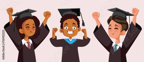 Cheerful Students Celebrating Graduation Vector Cartoon Illustration. Excited graduates feeling successful for academic achievement 

