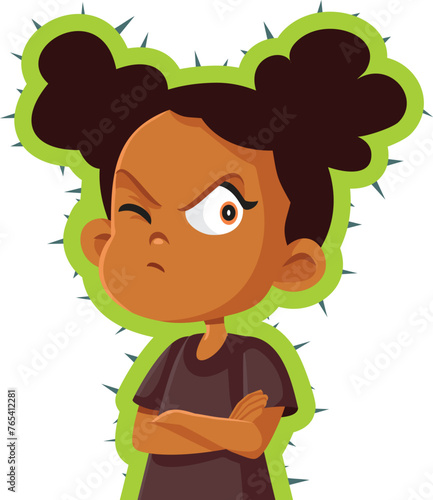 Little Girl Being Irritated Feeling like a Cactus vector Cartoon. Anti-social toddler having resentment and anger

