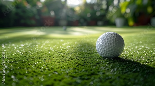 Golf ball on dewy grass in the morning light photo