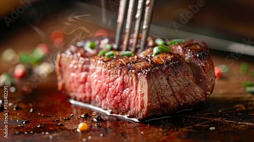 Exquisite steak with aromatic herbs close-up