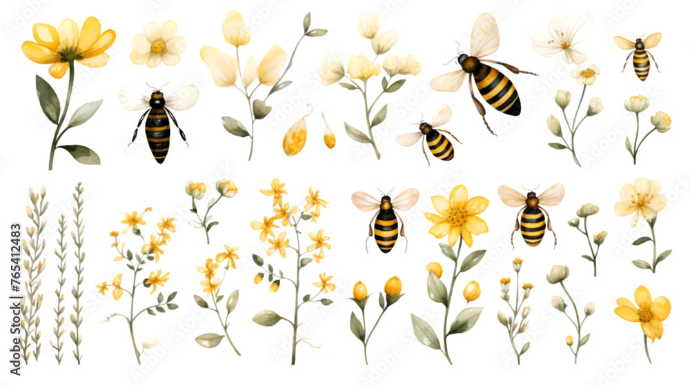 watercolor bee clipart for graphic resources - obrazy, fototapety, plakaty 