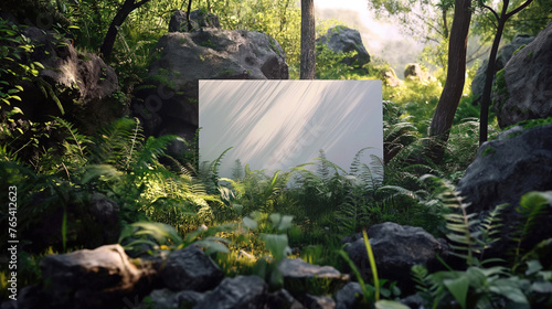 A white horizontal canvas in a frame without a background hangs on a rock among the jungle and exotic plants. Banner for placing text and advertising, background for presentation and design.