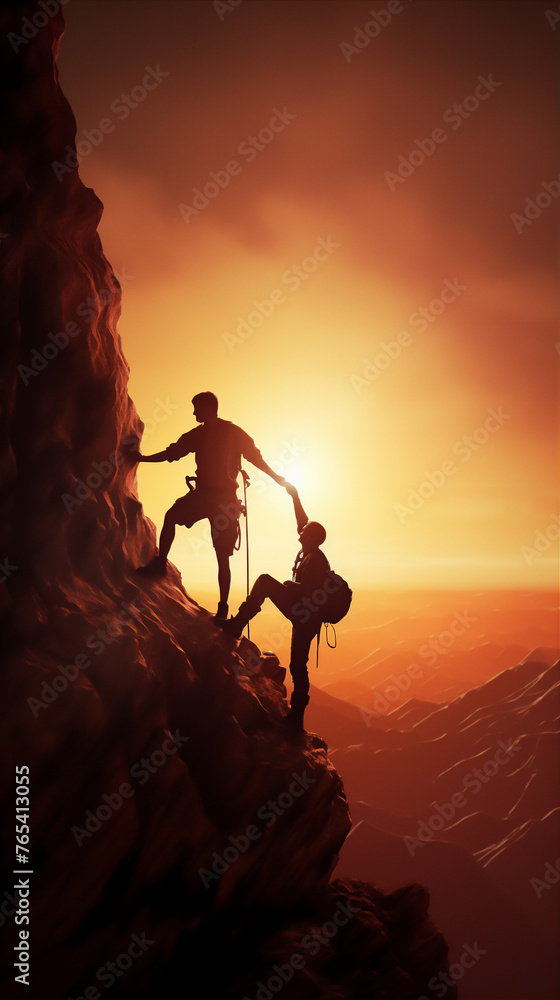 silhouette of togetherness of two person to make it to the top of mountain at sunset silhouette of togetherness of two person to make it to the top of mountain at sunset
