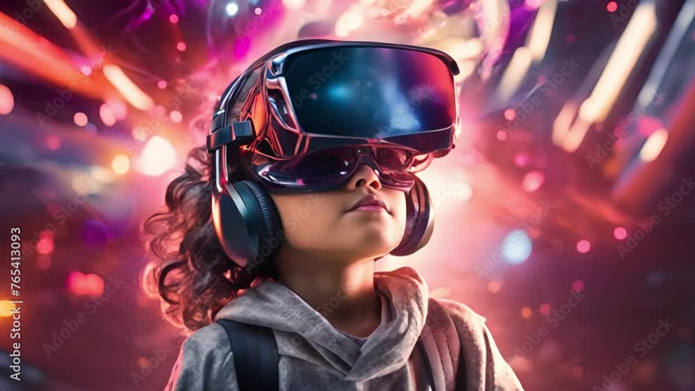A little girl adorned in futuristic attire wearing VR glasses immersed in a realistic virtual reality experience. VR virtual reality glasses. Futuristic technology concept A little girl adorned in futuristic attire wearing VR glasses immersed in a realistic virtual reality experience. VR virtual reality glasses. Futuristic technology concept