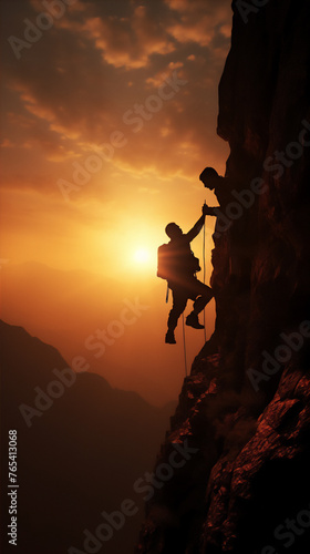 silhouette of struggle and togetherness of two person to make it to the top of mountain 