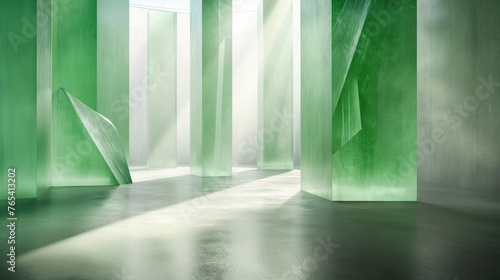 The space is entirely made of transparent emerald in a bright room. Image for presentation and placement of advertising, people, products, goods. Rays, green texture