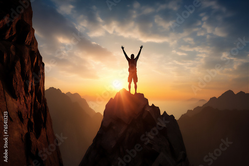 silhouette of  person rock climber that success to the top rock mountain at morning